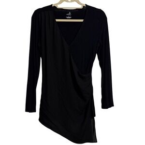 Belle Sky Black Long Sleeve Asymmetrical Wrap Top Mixed Media V-Neck Size M